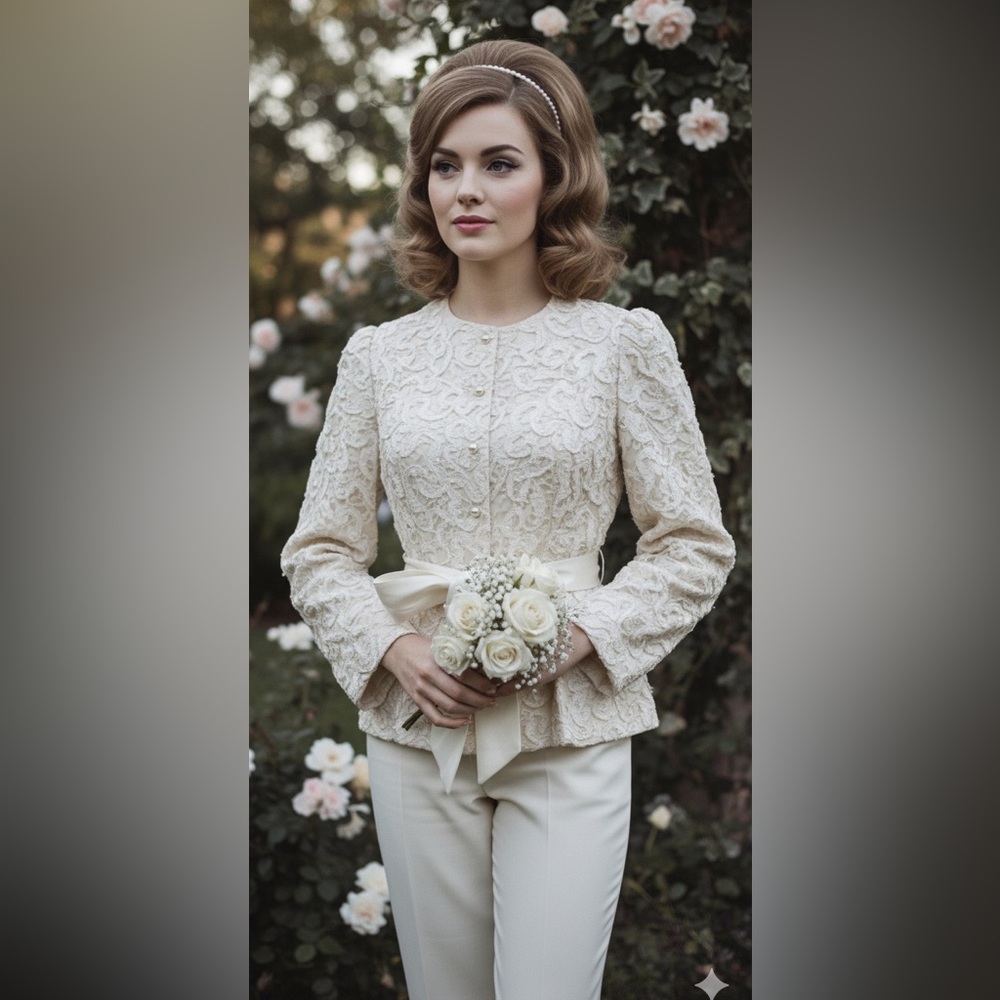 Vtg 60s Endién Ltd Lace Ribbon Trim Jacket‎ Cream Pearl Button Bridal Cocktail 6